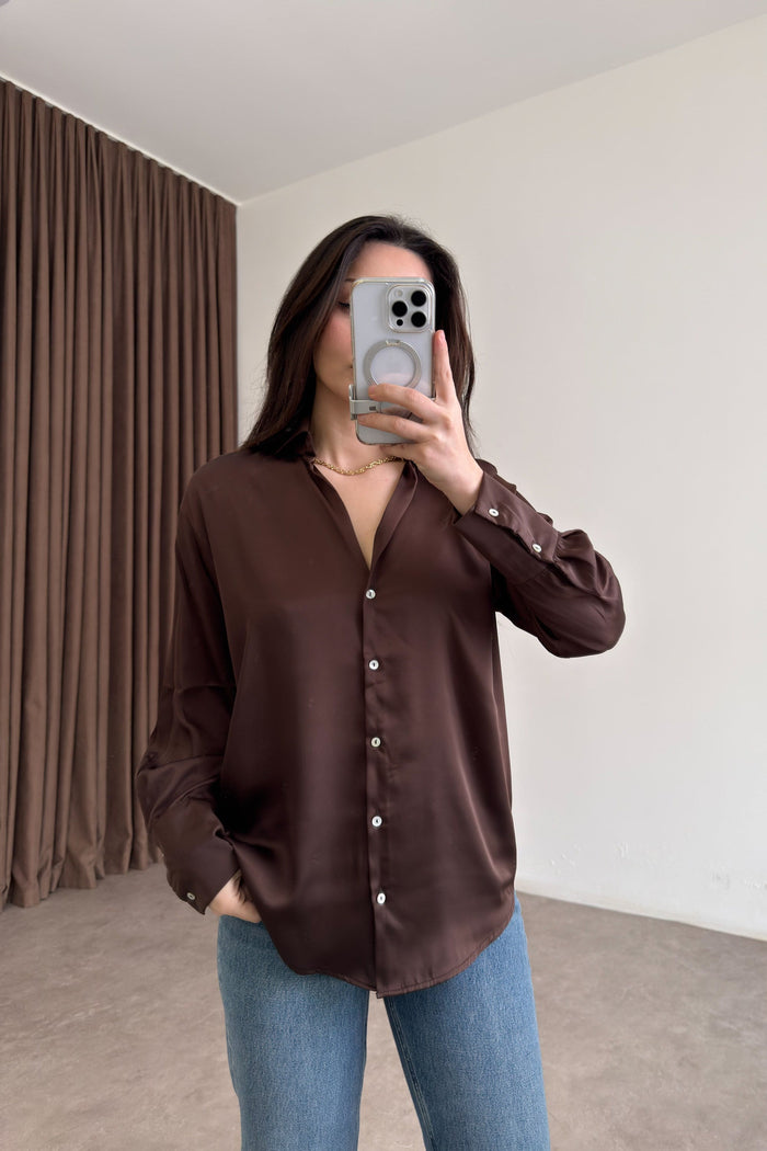 Mother-of-Pearl Buttoned Premium Satin Coffee Shirt