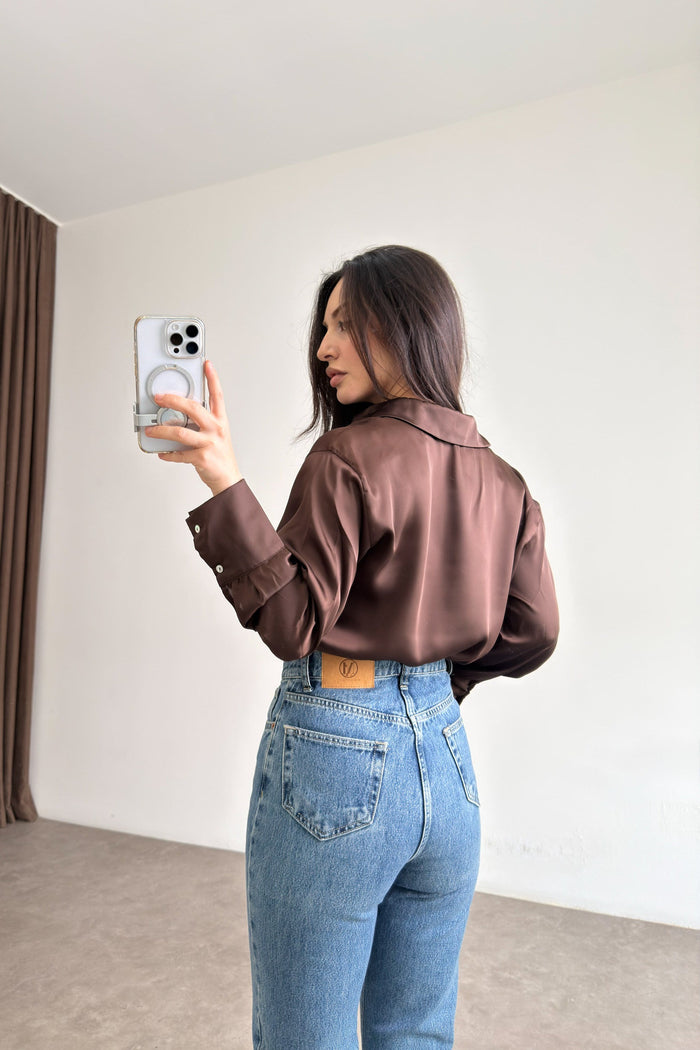 Mother-of-Pearl Buttoned Premium Satin Coffee Shirt