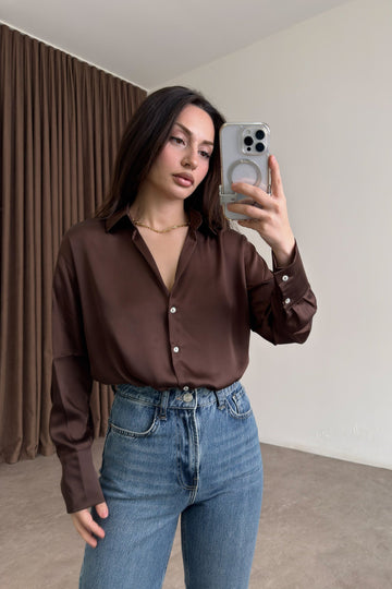 Mother-of-Pearl Buttoned Premium Satin Coffee Shirt