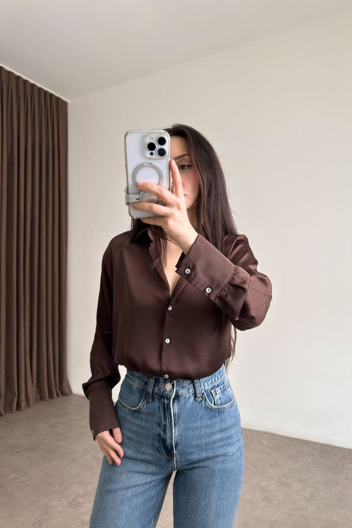 Mother-of-Pearl Buttoned Premium Satin Coffee Shirt