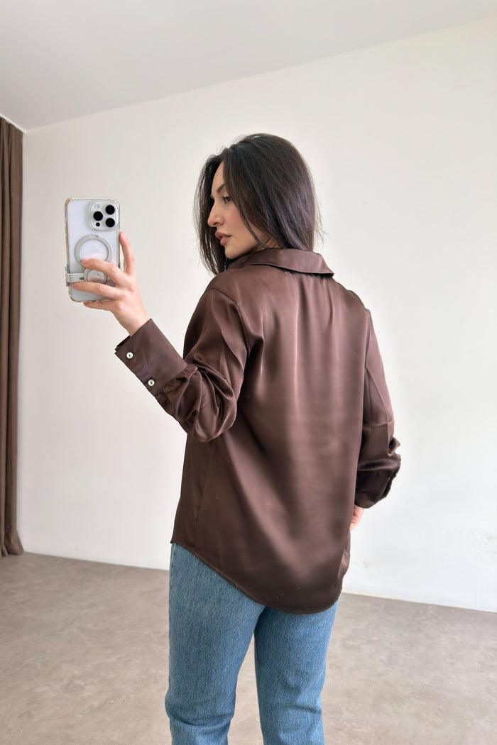 Mother-of-Pearl Buttoned Premium Satin Coffee Shirt