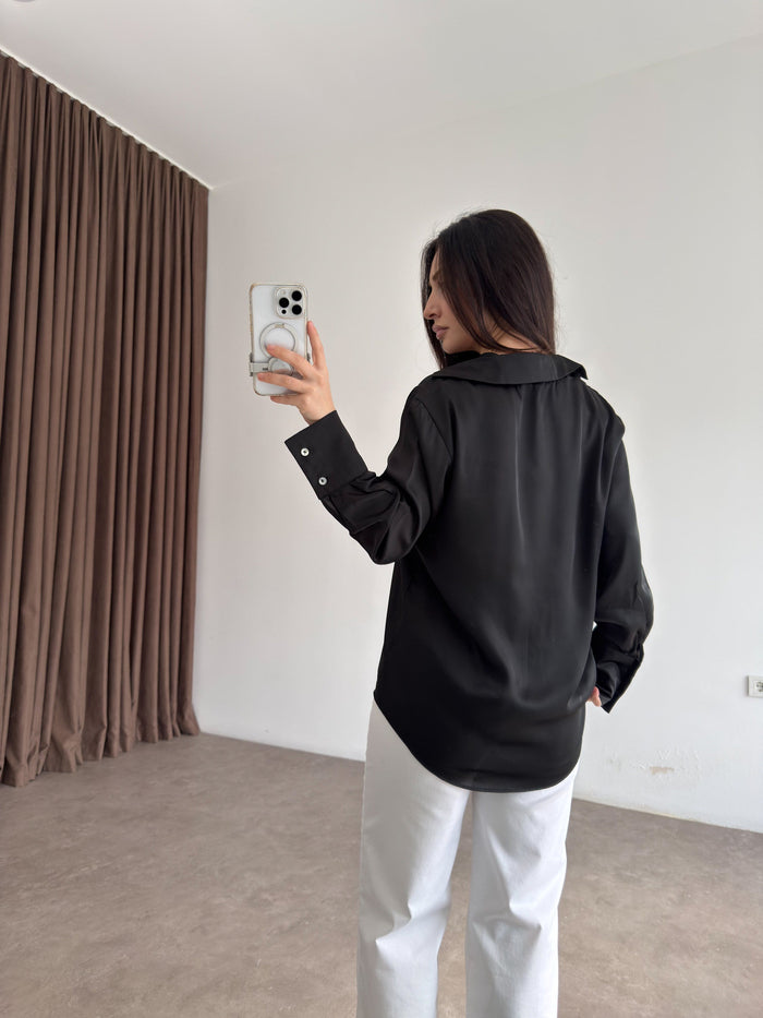 Mother-of-Pearl Buttoned Premium Satin Black Shirt