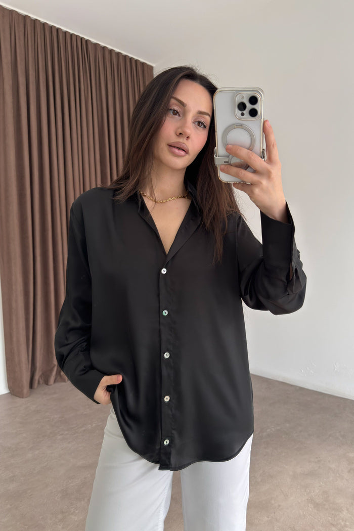 Mother-of-Pearl Buttoned Premium Satin Black Shirt