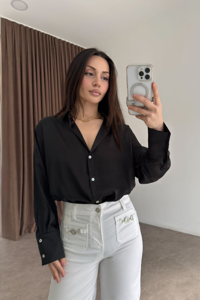 Mother-of-Pearl Buttoned Premium Satin Black Shirt