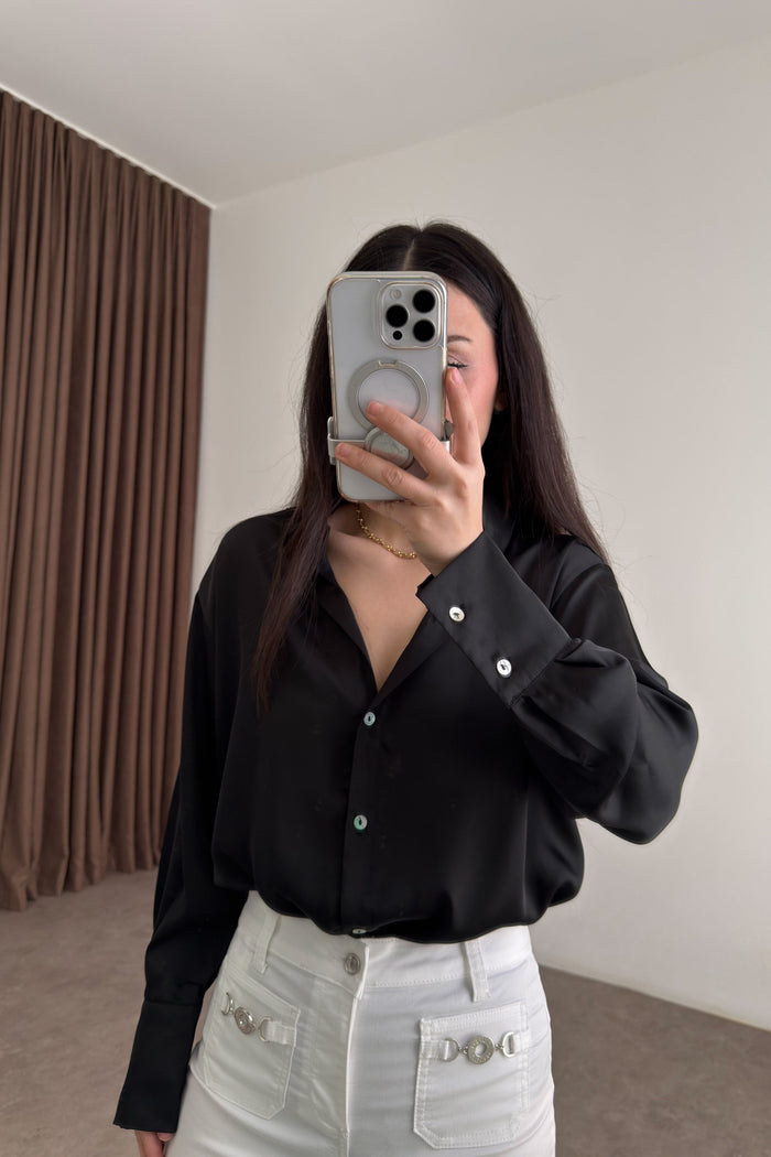 Mother-of-Pearl Buttoned Premium Satin Black Shirt
