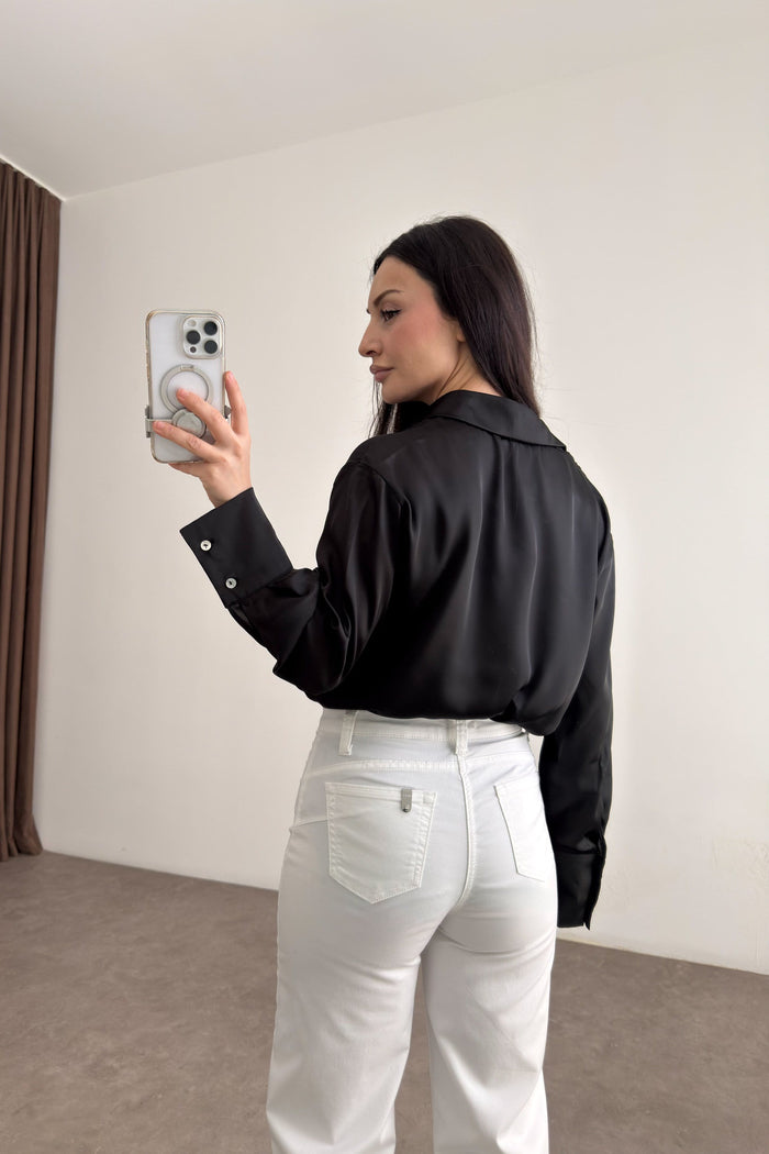 Mother-of-Pearl Buttoned Premium Satin Black Shirt
