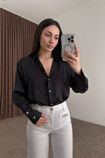 Mother-of-Pearl Buttoned Premium Satin Black Shirt