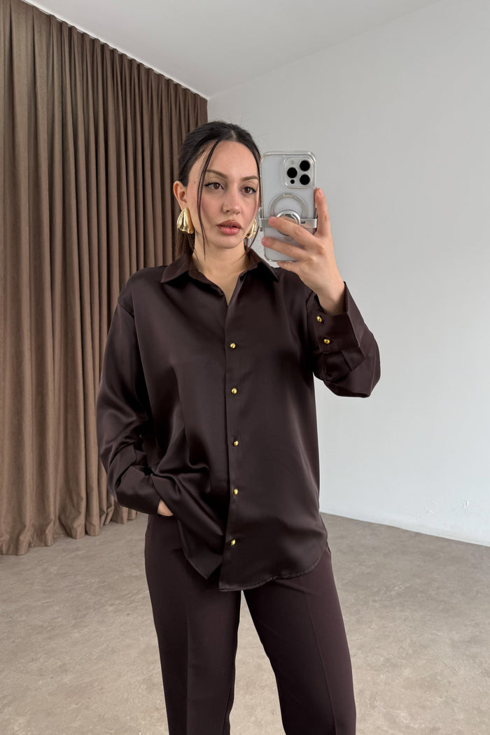 Zra Style Gold Buttoned Dark Brown Satin Shirt