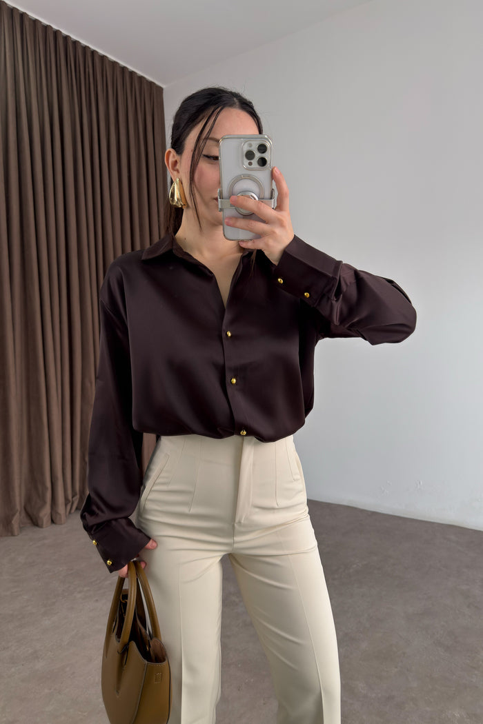 Zra Style Gold Buttoned Dark Brown Satin Shirt