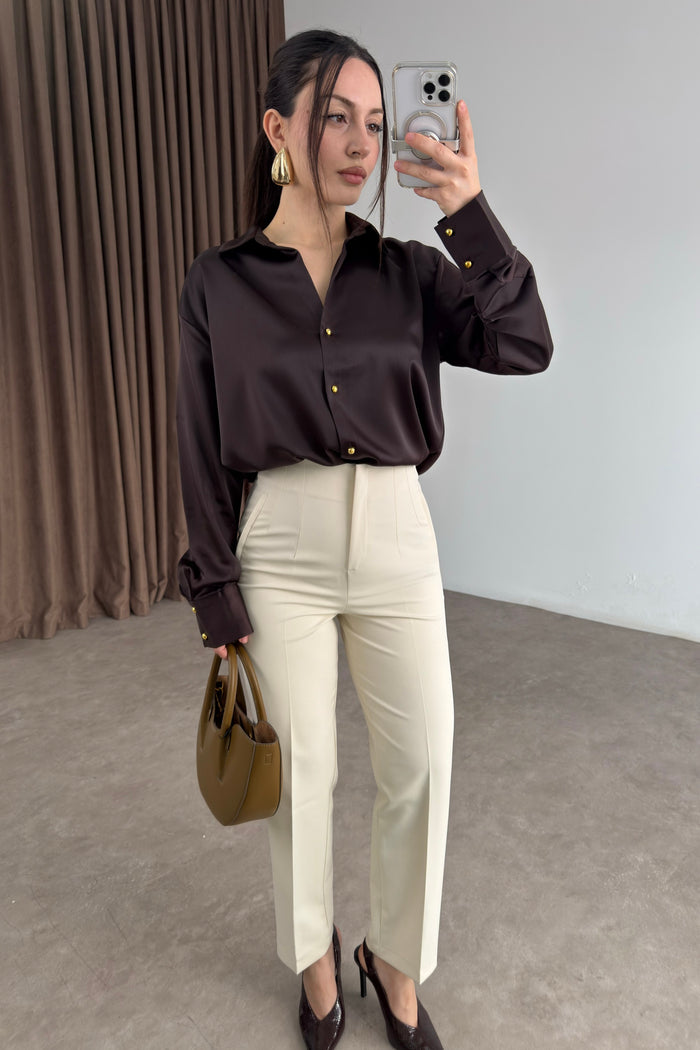 Zra Style Gold Buttoned Dark Brown Satin Shirt