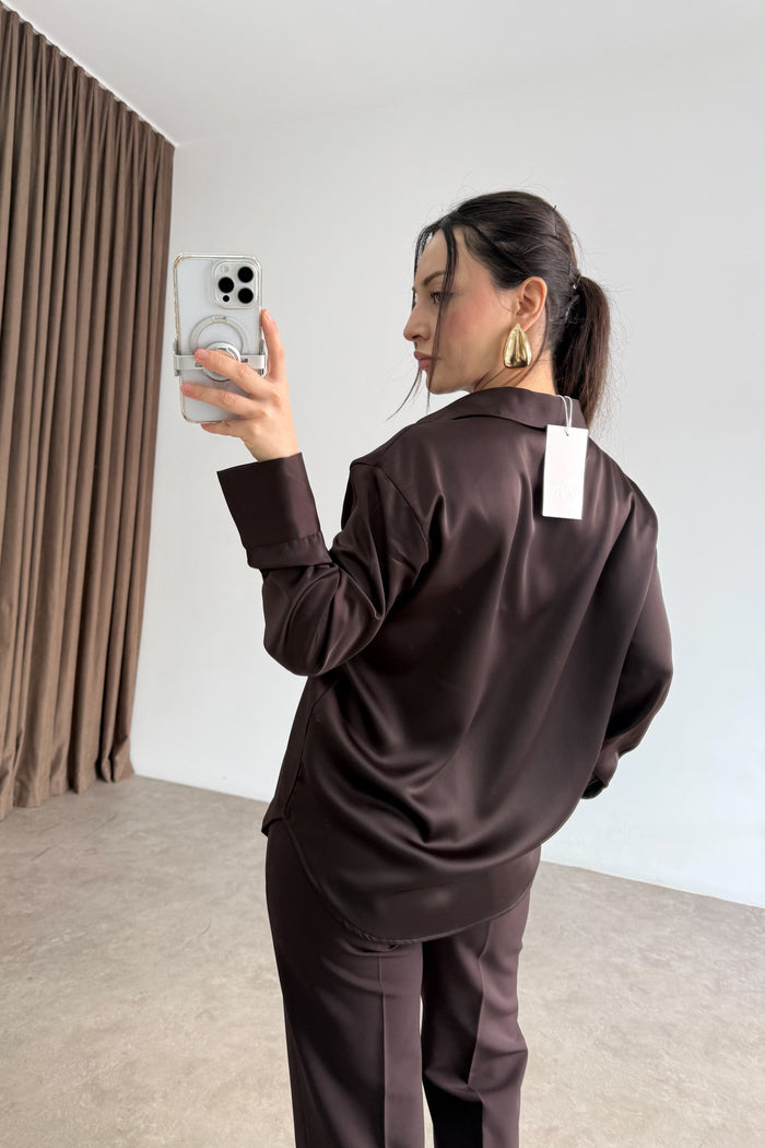 Zra Style Gold Buttoned Dark Brown Satin Shirt