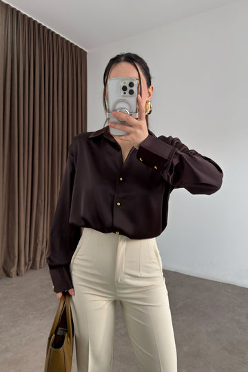 Zra Style Gold Buttoned Dark Brown Satin Shirt