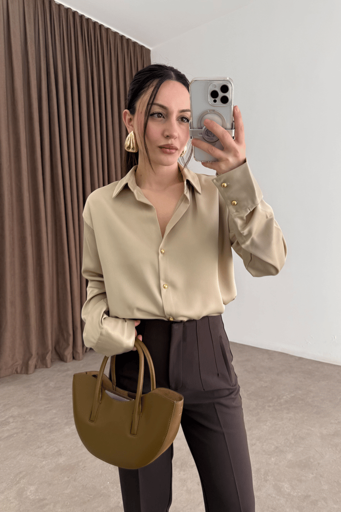 Zra Style Gold Buttoned Beige Satin Shirt