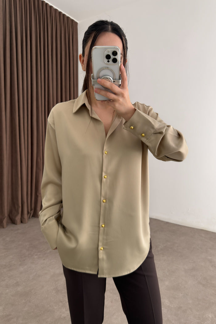 Zra Style Gold Buttoned Beige Satin Shirt