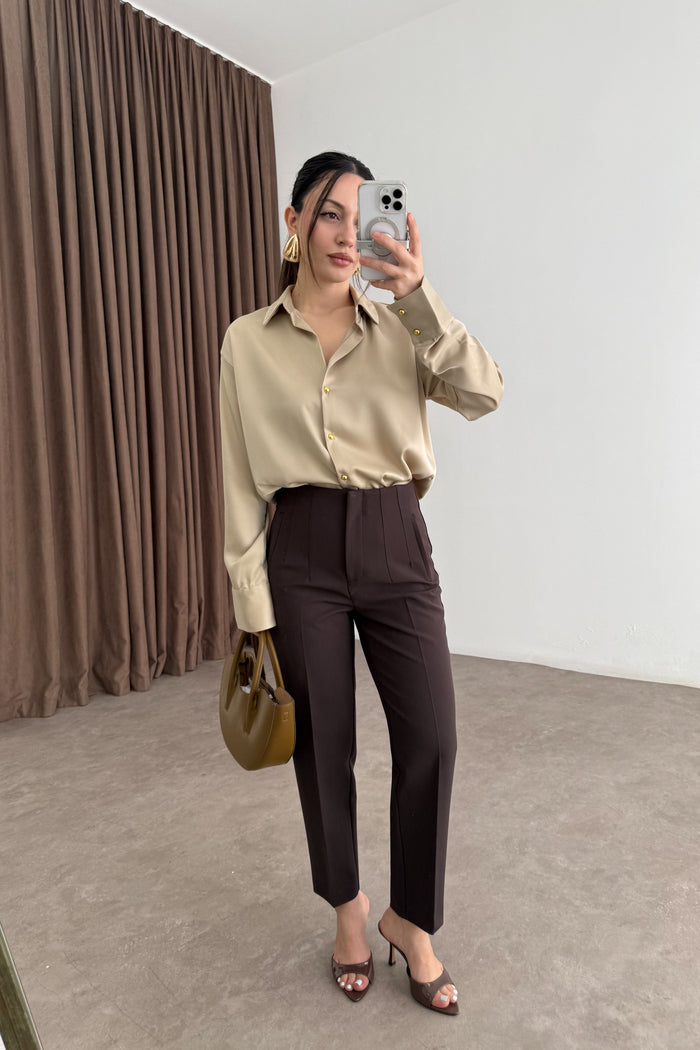 Zra Style Gold Buttoned Beige Satin Shirt