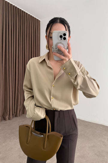 Zra Style Gold Buttoned Beige Satin Shirt