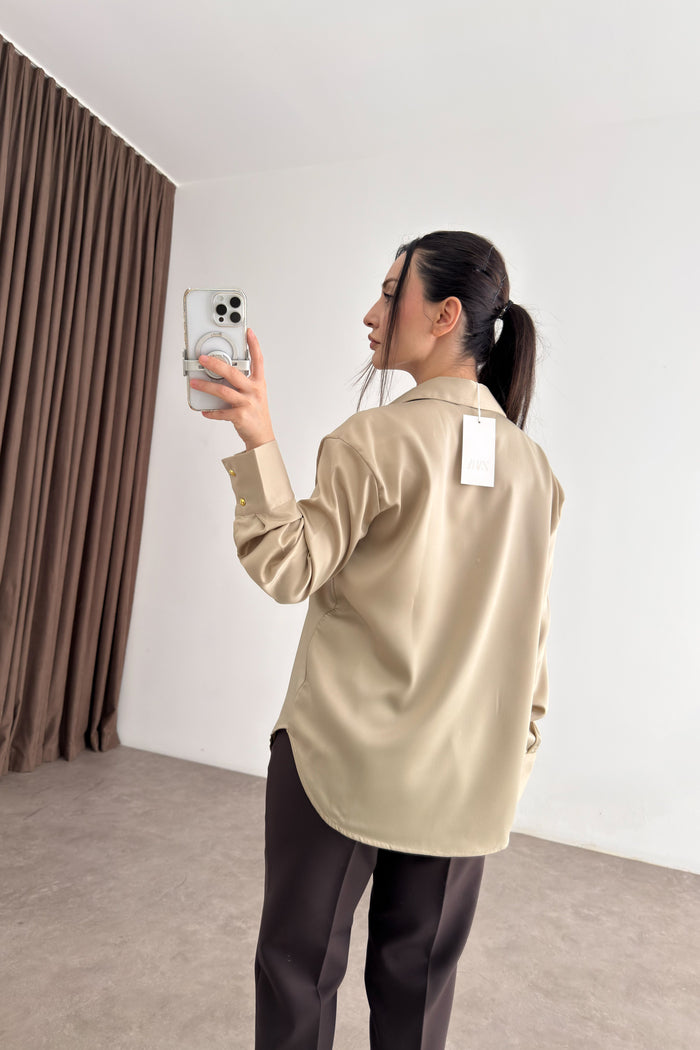 Zra Style Gold Buttoned Beige Satin Shirt