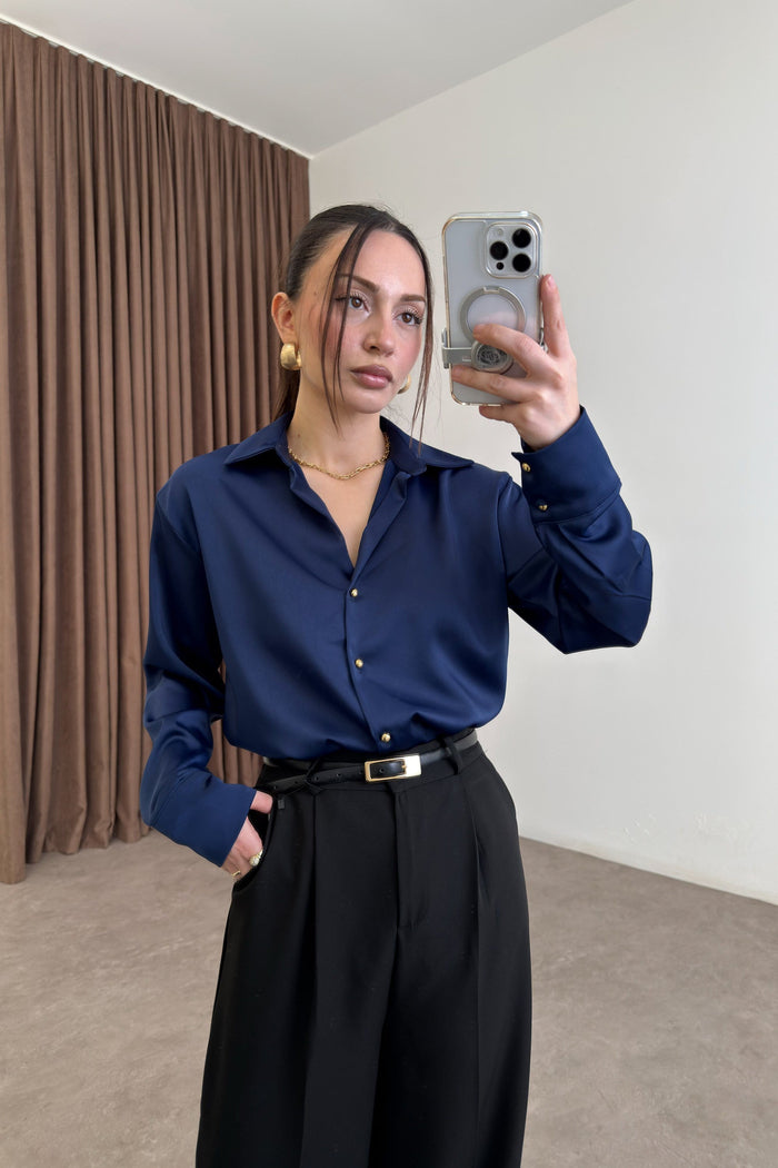 Zra Style Navy Blue Satin Shirt with Gold Buttons