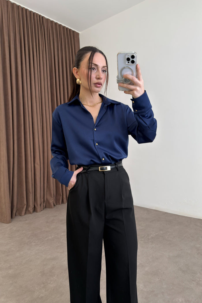 Zra Style Navy Blue Satin Shirt with Gold Buttons
