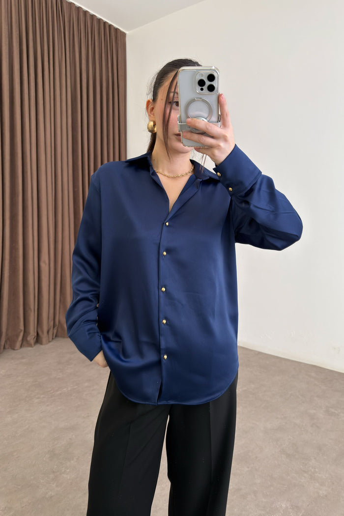 Zra Style Navy Blue Satin Shirt with Gold Buttons
