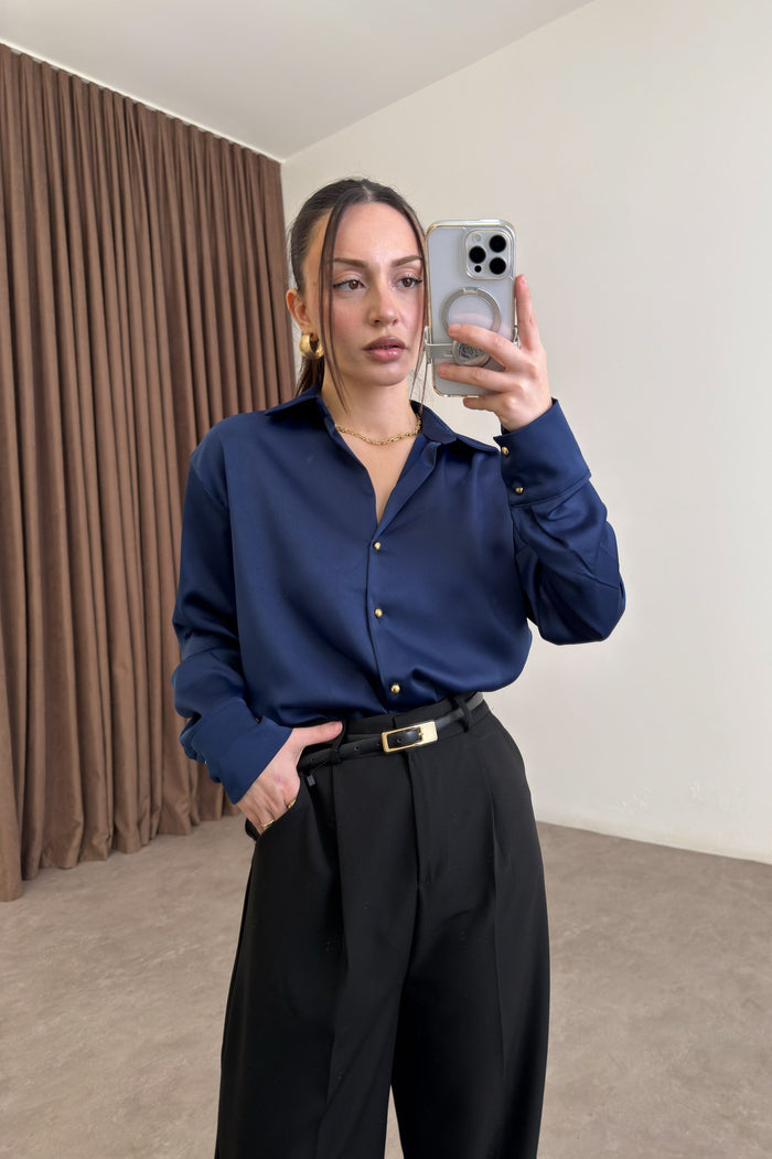 Zra Style Navy Blue Satin Shirt with Gold Buttons