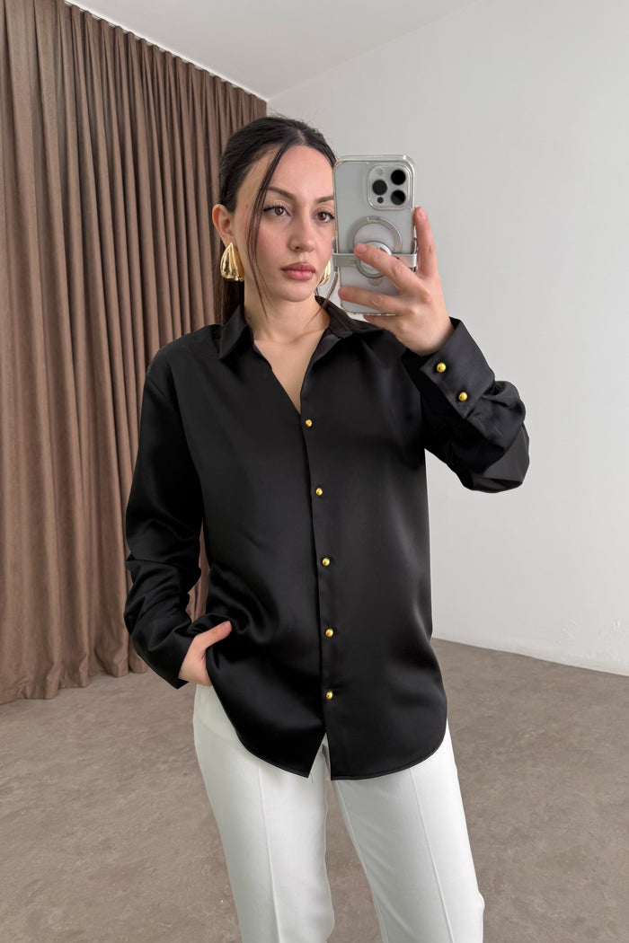 Zra Style Gold Buttoned Black Satin Shirt