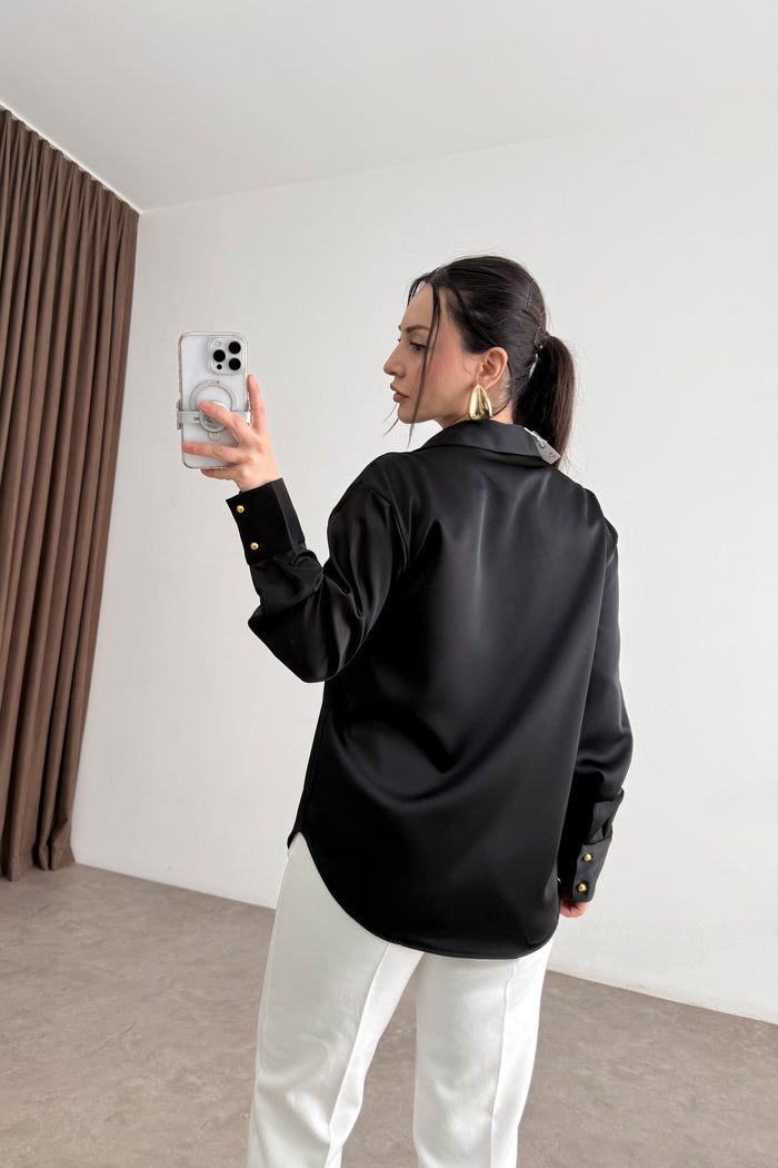 Zra Style Gold Buttoned Black Satin Shirt