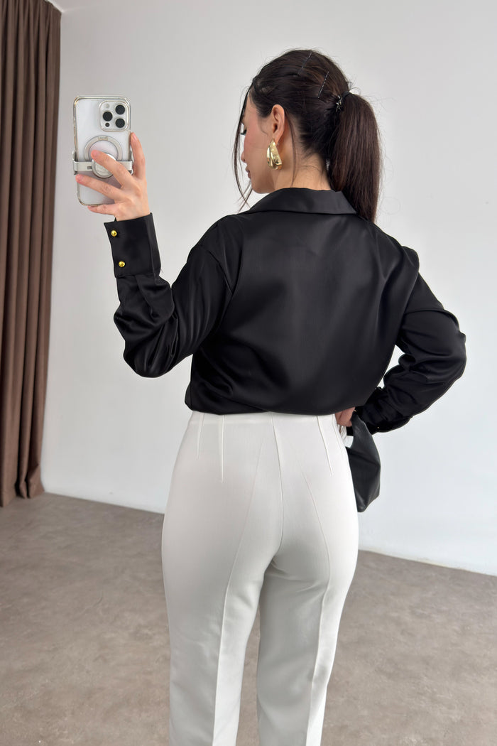 Zra Style Gold Buttoned Black Satin Shirt