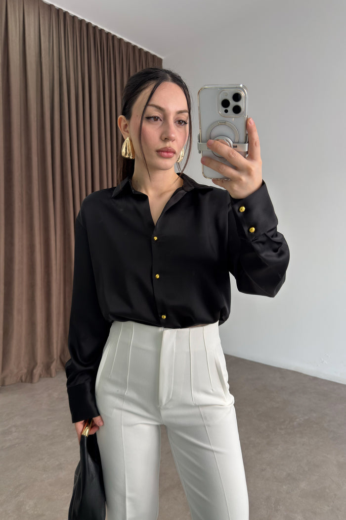 Zra Style Gold Buttoned Black Satin Shirt