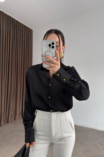 Zra Style Gold Buttoned Black Satin Shirt